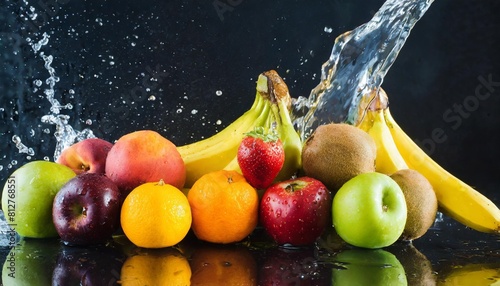 various fruits on dark backdrop with splashing water generative ai