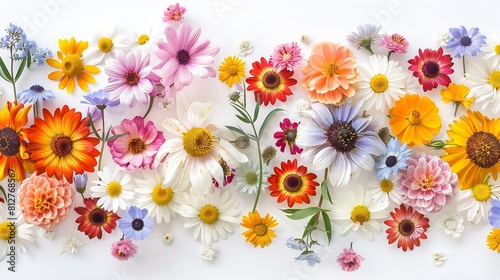 Summer flower creative layout Daisy cosmos blanket aster zinnia tickseed sunflower and doronicum flowers isolated on white background Floral frame border Design element Top view flat l : Generative AI
