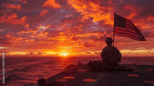 Sunset with a flag-bearing soldier in contemplative pose on deck.