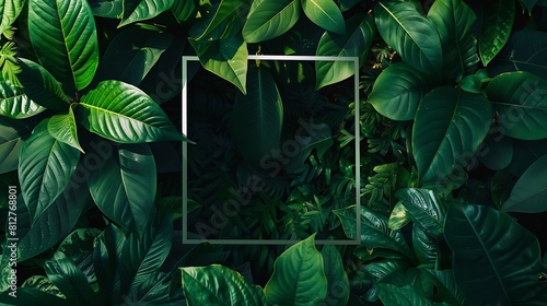 Square frame with leaves and Square frame background Creative layout made of tropical and leaves with green paper card note Blank for advertising card or invitation Flat lay Nature con : Generative AI