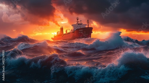 A dramatic sunset over stormy ocean waves with a cargo ship navigating through, the sky ablaze with orange and red hues.