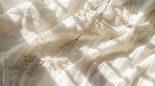 Aesthetic natural minimalistic background elegant sunlight floral shadows on a neutral beige linen texture pleated tablecloth background with copy space : Generative AI