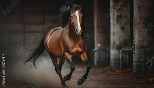 portrait beautiful brown horse run forward in dark background ai generated image