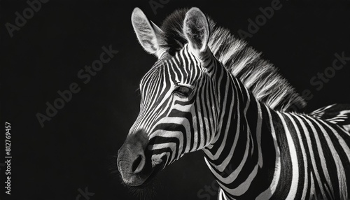 a black and white photo of a zebra standing in the middle of a studio photo with its head turned to the side