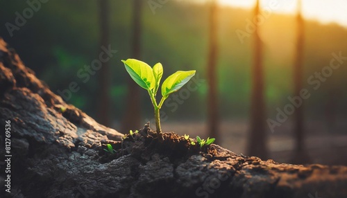 a strong seedling growing in the old center dead tree concept of support building a future focus on new life with seedling growing sprout new life growth future concept wide banner