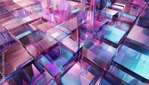 3d render abstract geometric background translucent glass with violet pink blue gradient simple square shapes