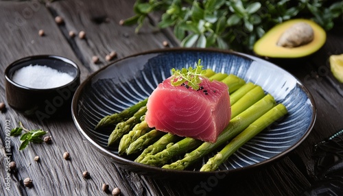 creative michelin starred bluefin tuna with tuna green asparagus black ceramic tableware and rustic japanese style cinematic