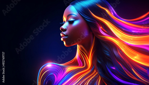 Beautiful artwork of an African American woman with body and strands of hair made of interchanging bright glowing colors. Dark background. Abstract wallpaper.