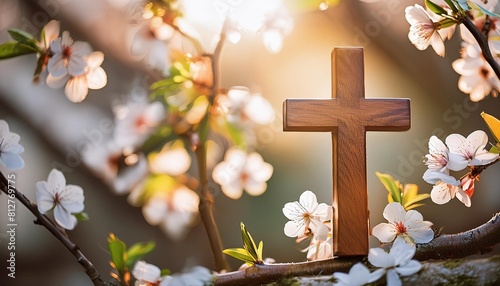 ethereal holy spirit light over spring blossoms and cross
