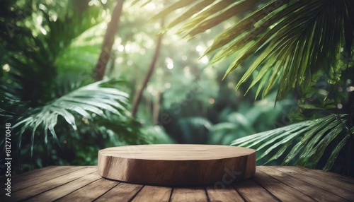 wood tabletop counter podium floor in outdoors tropical garden forest blurred green palm leaf plant nature background natural product placement pedestal stand display summer jungle paradise concept