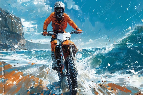 Digital image of dirt biker in a orange shirt on a dirt bike, high quality, high resolution