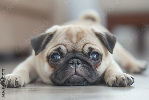 Depicting a pug puppy laying on floor, high quality, high resolution