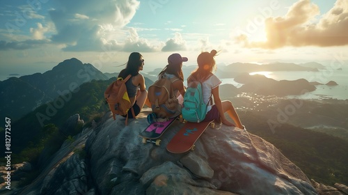 Group of Asian woman sitting skater on mountain peak while hiking at tropical island on summer travel vacation Female friends enjoy outdoor activity adventure lifestyle and sport skati : Generative AI