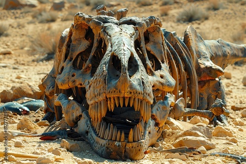 Skull and teeth of an enormous TRex skeleton, buried in desert sand with small rocks scattered around it. The dinosaur's head is raised upwards showing its large sharp fangs and powerful jaw. 