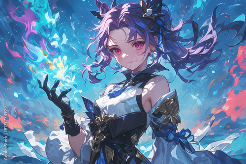 a cute anime girl with purple hair and pink eyes, she is wearing an elegant black dress with white gloves holding a magical flower that has glowing petals in her hand. 