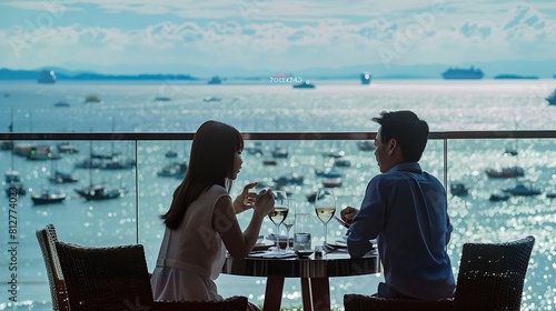 couple having lunch at a restaurant looking out over the ocean of Pattaya Thailand man and woman having dinner in a restaurant by the ocean in Pattaya : Generative AI