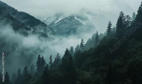 misty mountain scene greets us, with layers of peaks fading into the hazy distance. Closer by, a thick blanket of fog drapes over the lush evergreen forest covering the slopes. 