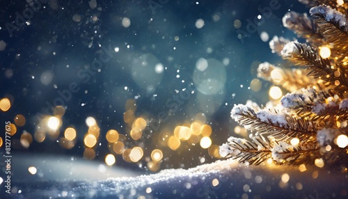 winter background with snow and blurred bokeh merry christmas and happy new year greeting card with copy space