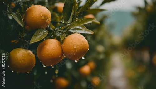 orange fruits with water drops on green branches of orange trees close up outdoor generative ai