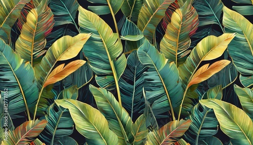 neon bright banana leaves palms on dark background seamless pattern vintage tropical 3d illustration luxury modern wallpapers fabric printing cloth tapestries posters invintations cards