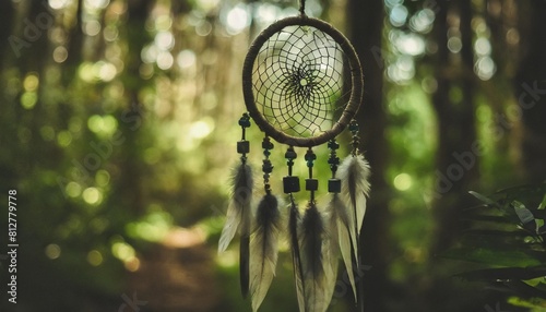 indian lucky charm dream catcher hanging in the forest and blur background