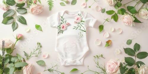 Nature's embrace: A bed strewn with pink roses cradles a pristine white onesie, embodying the essence of babyhood. Baby fashion concept