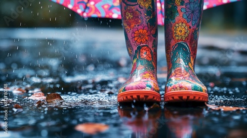 pair of colorful rain boots placed next to a patterned umbrella, with raindrops splashing on the ground, illustrating the practical and stylish essentials for a rainy day.