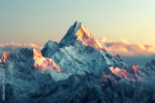 Snow-capped mountain basking in the glow of a breathtaking sunset. Scenic landscape concept