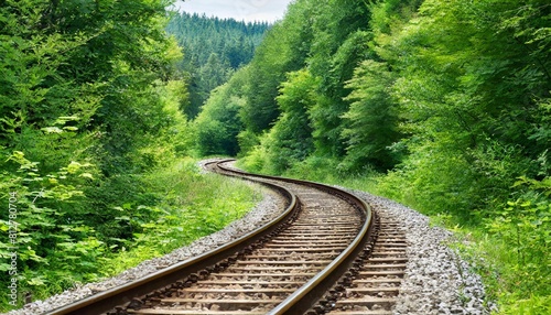 railroad tracks winding through a green forest