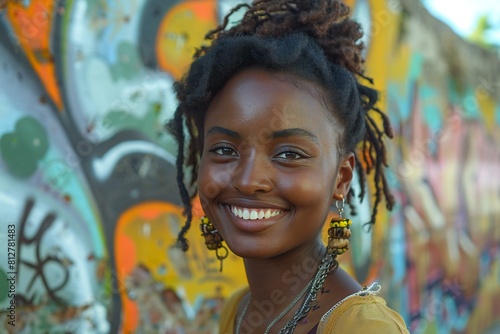 Featuring a black woman is smiling in front of a graffiti wall
