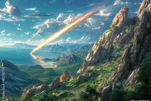 Featuring a comet in the sky over the mountains of the asian pacific