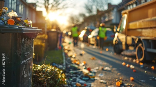 Garbage collection workers cleaning a suburban street.