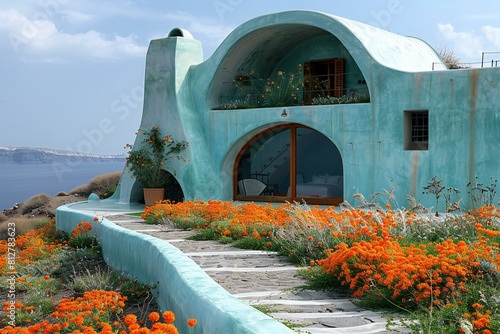 A beautiful house in santorini with orange flowers