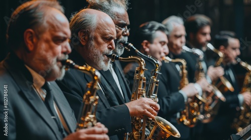 Exhibit a jazz orchestra paying tribute to the legends of jazz music, performing classic standards and original compositions with passion and reverence