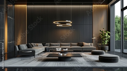 A dark and open living room or hotel room with a gray sofa, acoustic oak panel with a hanging light, and panoramic windows. 3D rendering.