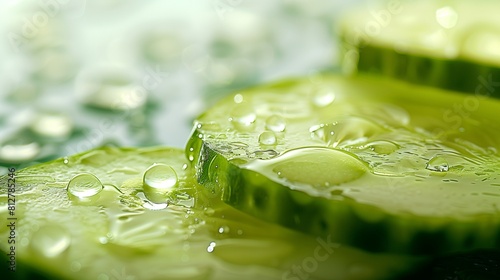 A macro shot of droplets of water clinging to the surface of a sliced cucumber, highlighting its crispness and coolness as a snack during a long road trip 