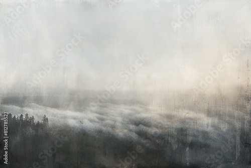 Foggy landscape with trees and mountains on the horizon, abstract background