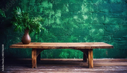 empty wooden table against a green wall background high quality photo