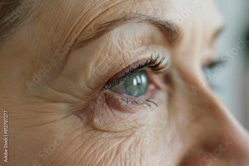 A mature woman eye and brow area after an eyelid surgery showcasing the reduction of wrinkles and sagging