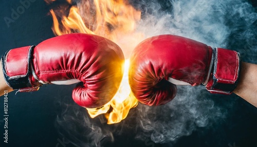 two boxing gloves colliding with dramatic smoke and fire effects