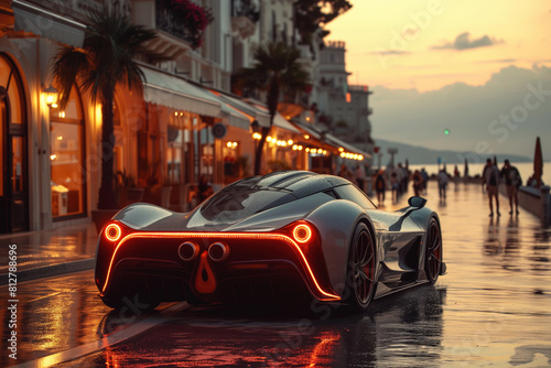 Futuristic sports super concept car on the street of a European city, street racing on expensive exclusive luxury auto