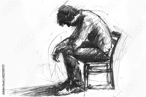 A illustration of a person sitting on a chair, shoulders hunched, head bowed low, and hands limp in their lap. 