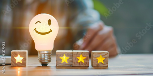 Businessman working with Wooden Block and light bulb smile, Activating Various Icons Symbolizing Innovation, five stars icons, Technology, and Positive Expression on Virtual Screen, Generative AI"