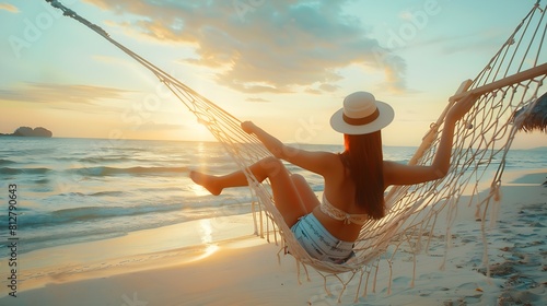 Summer vacations concept Happy woman with white bikini hat and shorts Jeans relaxing in hammock on tropical beach at sunset Koh mak Thailand : Generative AI