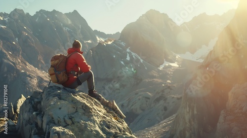 Time for solitude alone in the mountains a guy traveling alone mountain climbing a man sitting on a rock in the mountains resting on a halt on a hike High quality photo : Generative AI