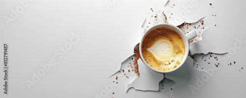 A cappuccino sticking out of a white background hole banner with space for a copy