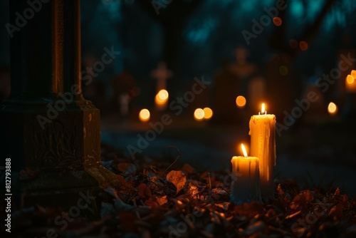 Candles casting a warm glow in the peaceful twilight cemetery, honoring the deceased with candlelight in the tranquil evening, creating a serene atmosphere for reflection and remembrance