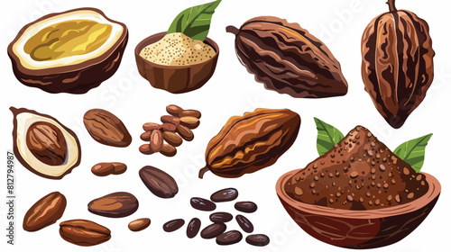 Cacao fruit beans and powder set of style vector il