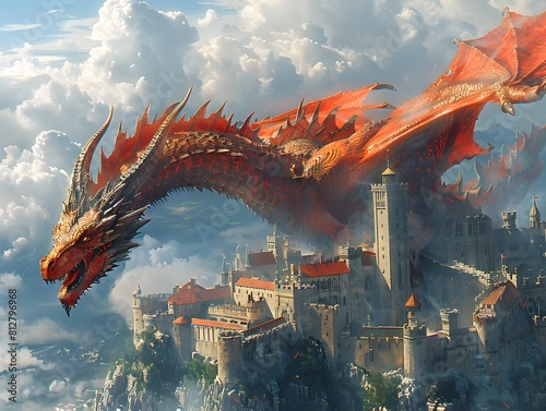 Majestic Crimson Dragon Guarding Fantastical Medieval Castle in Dramatic Sky Landscape