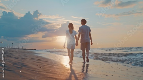 Full body back view young lovely couple two friends family man woman in casual clothes hold hands walking stroll together at sunrise over sea beach ocean outdoor exotic seaside in summ : Generative AI